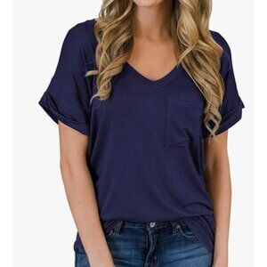 Miholl Vneck Tshirt Womens Large Navy Blue New Pocket Cuffed Sleeves